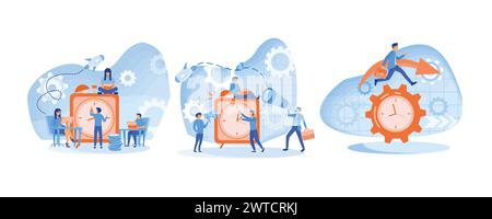 Time management concept. Alarm clock rings on of work time management. Organization of process. Set flat vector modern illustration Stock Vector
