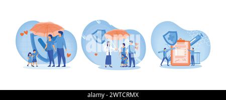 Family standing under insurance umbrella together. Doctor and Patients in Hospital filling Health and Life Insurance Policy Contract. Man fills out he Stock Vector