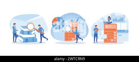 Business people on backdrop of huge files of documents. Man looking through magnifying glass at bill, check or invoice. Make balance sheet easier with Stock Vector