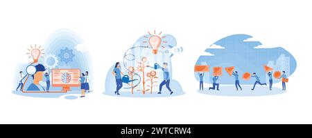 Informational Poster Team Work on Realization Idea. Teamwork on finding new ideas. Teamwork Cooperation, Collective Work, Partnership Concept. Set fla Stock Vector