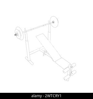 Outline of Gym bench and barbell on white stand isolated on white ...