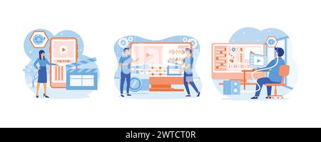 Video editor studio. Persons concept with camera work and footage editing. Multimedia content production and footage editing. Set flat vector modern i Stock Vector