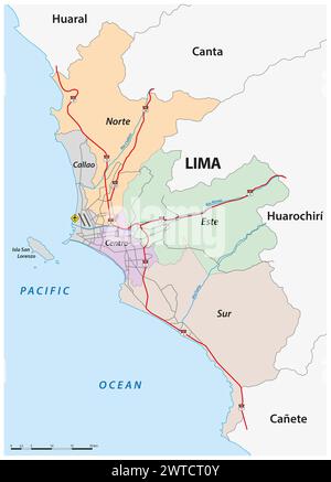 Administrative and road map of the Peruvian capital Lima Stock Photo