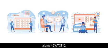 Video maker online course. Motion design and video content production. Tiny people footage editing and making multimedia content production in laptop Stock Vector