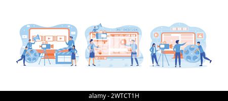 Business Concept Motion Design Studio. Motion graphic studio concept for web banner website page etc. Creative professionals team animators. Set flat Stock Vector