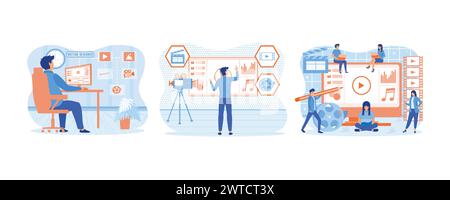 Motion designer animator working on computer creating animated video. Multimedia content, video post production. Motion design studio. Set flat vector Stock Vector