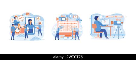 Blogging concept. Blogger concept, video shooting. Man video blogger with copy space. Set flat vector modern illustration Stock Vector