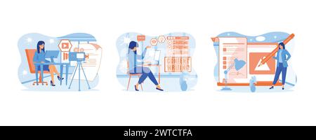 Content writer concept. Content Writer or Journalist for Copy Writing. Content writer, article or newspaper creation, bullet journalist. Set flat vect Stock Vector