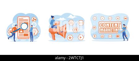 Content Marketing, Blogging concept. Creating, marketing and sharing of digital. Content Marketing and Blogging concept. Set flat vector modern illust Stock Vector