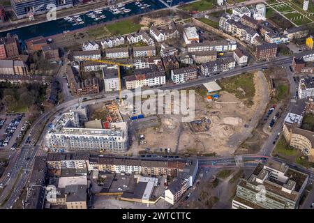 Luftbild, Mercator Quartier Baustelle für Neubau Hotel und Wohnungen, Wohngebiet am Innenhafen, Neuenkamp, Duisburg, Ruhrgebiet, Nordrhein-Westfalen, Deutschland, Duisburg-S ACHTUNGxMINDESTHONORARx60xEURO *** Aerial view, Mercator Quartier construction site for new hotel and apartments, residential area at the inner harbor, Neuenkamp, Duisburg, Ruhr area, North Rhine-Westphalia, Germany, Duisburg S ACHTUNGxMINDESTHONORARx60xEURO Stock Photo