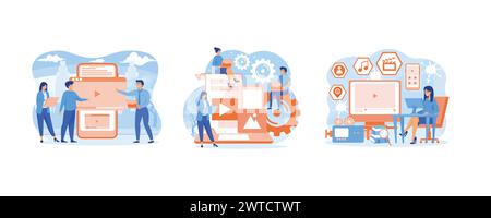 Video marketing online. Engaging content, blogging, media planning, promotion. Video marketing by vlogger creation film production and online content. Stock Vector