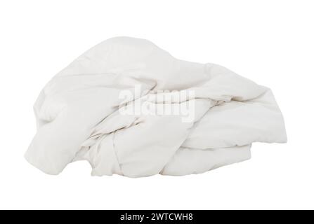 White crumpled blanket ball or bedclothes in hotel room leaved untidy and dirty after guest's use over night is isolated on white background with clip Stock Photo