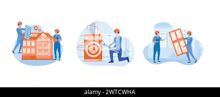 House maintenance abstract concept. Basement services, Hire contractor metaphor. Windows and doors replacement and installation. Set flat vector moder Stock Vector