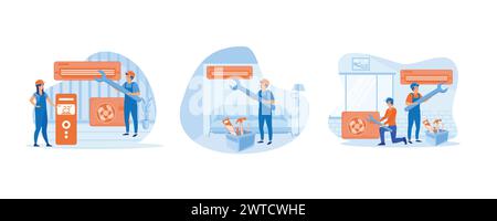 Maintenance, installation of cooling systems. Air Conditioner Repair or Installation with Unit Breakdown. Maintenance Service. Set flat vector modern Stock Vector