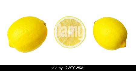 Top view of fresh yellow lemon fruits with some drops and half is isolated on white background with clipping path. Stock Photo