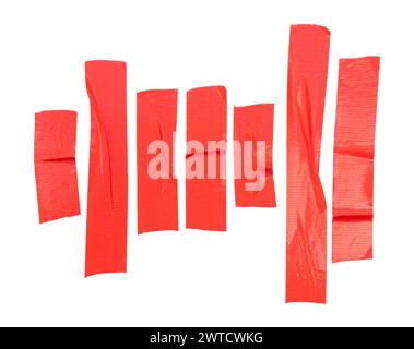 Top view set of red wrinkled adhesive vinyl tape or cloth tape in stripes shape is isolated on white background with clipping path. Stock Photo