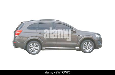 Side view of gray or black SUV car is isolated on white background with clipping path. Stock Photo