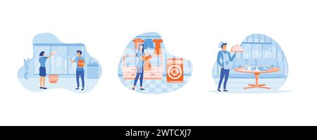 Hotel business concept. Laundry service, maid ironing guests shirt. Waiter serving at banquet. Set flat vector modern illustration Stock Vector