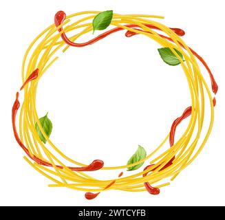 Spaghetti round frame, pasta ingredients isolated on white background Stock Photo