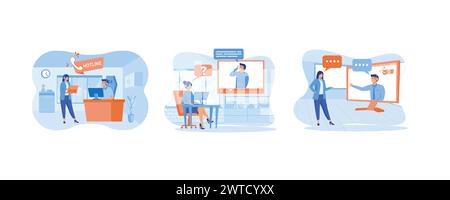 Hotline operator concept. Female hotline operator advises client. Technical support for customers, telephone hotline for business. Set flat vector mod Stock Vector