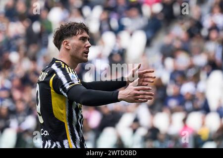 Turin, Italy. 17 March 2024. Dusan Vlahovic of Juventus FC reacts during the Serie A football match between Juventus FC and Genoa CFC. Credit: Nicolò Campo/Alamy Live News Stock Photo