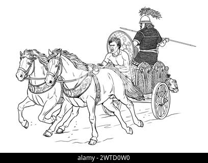 An ancient Celtic chariot on the attack. Historical drawing. Stock Photo
