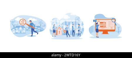 Investing, real estate, investment opportunity concept. Real estate and turnkey rental. Buy or rent house online. Set flat vector modern illustration Stock Vector