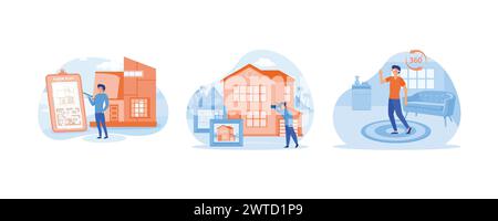 House listing concept. House real estate virtual tour. Man pays loan for real estate. Set flat vector modern illustration Stock Vector