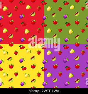 Set of Summer seamless patterns with fruits and berries. Stock Vector