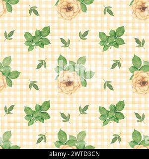 Seamless pattern with watercolor roses and yellow stripes. Orange and yellow roses, leaves, yellow stripes, checkered pattern on a white background. F Stock Photo