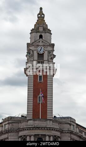 Clock Tower, Lambeth Town Hall, Brixton, London, UK. Lambeth Town Hall, also known as Brixton Town Hall, is a municipal building at the corner of Brix Stock Photo