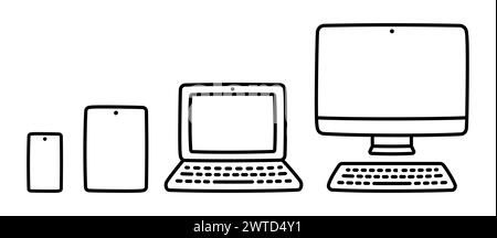 Set of electronic devices (smartphone, tablet, laptop and desktop computer). Hand drawn doodle icons, cute cartoon drawing. Vector illustration. Stock Vector