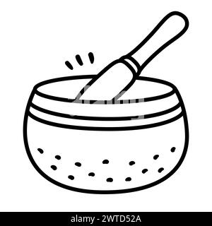 Tibetan singing bowl hand drawn doodle icon. Ringing meditation bell sound, yoga and healing. Black and white vector line art illustration. Stock Vector