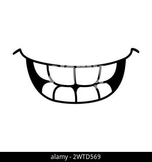 Smiling mouth showing teeth, simple doodle drawing. Simple black and white cartoon icon. Hand drawn vector illustration. Stock Vector