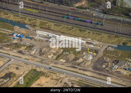 Luftbild, Baustelle für geplantes Duisburger Wohnquartier am ehemaligen Rangierbahnhof Wedau, an der Sechs-Seen-Platte, Wedau, Duisburg, Ruhrgebiet, Nordrhein-Westfalen, Deutschland, Duisburg-S ACHTUNGxMINDESTHONORARx60xEURO *** Aerial view, construction site for planned Duisburg residential quarter at the former Wedau marshalling yard, at the Sechs Seen Platte, Wedau, Duisburg, Ruhr area, North Rhine-Westphalia, Germany, Duisburg S ACHTUNGxMINDESTHONORARx60xEURO Stock Photo