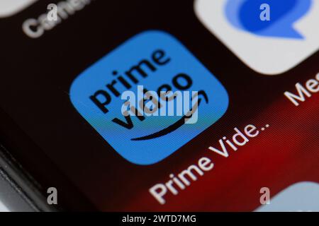 Amazon Prime video app icon on mobile phone Stock Photo