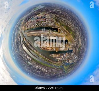 Luftbild, Duisport - Duisburger Hafen, Hafengebiet mit Ölinsel, Kohleninsel und Schrottinsel, Fluss Ruhr, Erdkugel, Fisheye Aufnahme, Fischaugen Aufnahme, 360 Grad Aufnahme, tiny world, little planet, fisheye Bild, Ruhrort, Duisburg, Ruhrgebiet, Nordrhein-Westfalen, Deutschland, Duisburg-fish ACHTUNGxMINDESTHONORARx60xEURO *** Aerial view, Duisport Duisburg harbor, harbor area with oil island, coal island and scrap island, Ruhr river, earth globe, fisheye image, 360 degree image, tiny world, little planet, fisheye image, Ruhrort, Duisburg, Ruhr area, North Rhine-Westphalia, Germany, Duisburg f Stock Photo