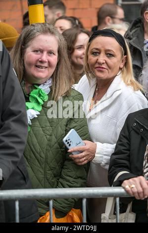 Bradford Street, Birmingham, March 17th 2024 - Thousands attended the 2024 St Patrick's Day parade in Birmingham city centre on Sunday. The first parade to be held in the city's Irish Quarter since the pandemic in 2019. Crowds flocked to see floats, dancers and many more. Much of the sightseers wore Irish flags and had their faces painted. The route is smaller than previous years due to construction work along the Midland Metro line through Digbeth. Credit: Stop Press Media/Alamy Live News Stock Photo