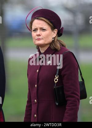 Aldershot, UK. March 17th, 2024. Lady Ghika, the wife of Regimental Lieutenant Colonel, Major General Sir Christopher Ghika at Mons Barracks, Aldershot, during a St Patrick's Day parade. Credit: Doug Peters/EMPICS/Alamy Live News Stock Photo