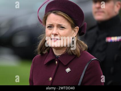 Aldershot, UK. March 17th, 2024. Lady Ghika, the wife of Regimental Lieutenant Colonel, Major General Sir Christopher Ghika at Mons Barracks, Aldershot, during a St Patrick's Day parade. Credit: Doug Peters/EMPICS/Alamy Live News Stock Photo