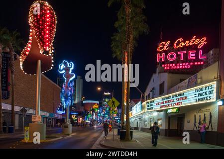 El Cortez Hotel and Casino on Fremont Street by night. It opened in 1941 and is one of the oldest casino hotels in Las Vegas. Stock Photo