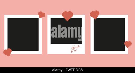 Photo camera frames photo mockup scrapbook on a pink wall. Inscription with love. Black photo frame template. Vector illustration. Stock Vector