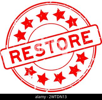 Grunge red restore word with star icon round rubber seal stamp on white background Stock Vector