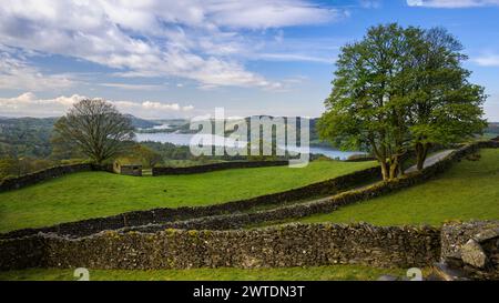 A view over lake Windermere from the hillsides around Troutbeck. Stock Photo