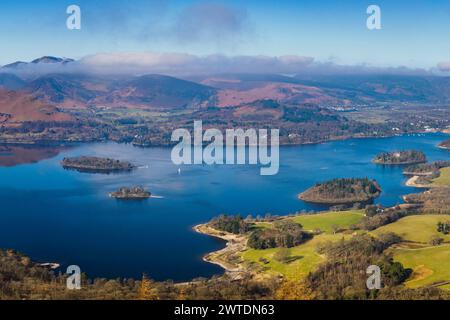 Panoramic image of Derwent Water from Walla Crag. Stock Photo