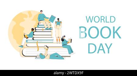 World book and copyright day banner template. Reading lovers in library. Learning and education holiday. Vector flat illustration. Stock Vector