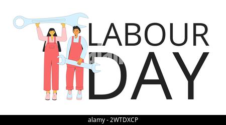 Labour day banner template. Characters construction with repair equipment. International workers day concept isolated on white background. Young peopl Stock Vector