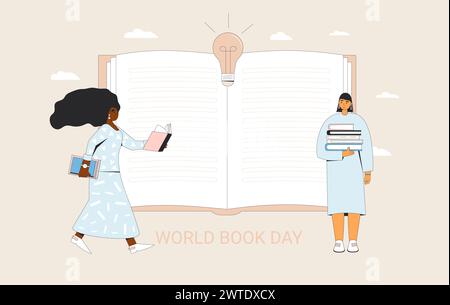 World book and copyright day banner template. Two girls with literature. Reading lovers exchange swap and fair. Learning and education holiday. Vector Stock Vector