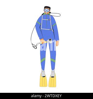 Diver man swimming in water suits, oxygen masks camera and equipment for scuba and snorkel. Flat line art vector illustration isolated on white backgr Stock Vector