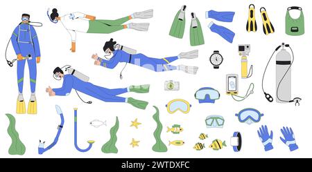 Diving set. Men and women divers swimming in water suits, oxygen masks, tanks and equipment for scuba and snorkel. Flat line art vector illustrations Stock Vector